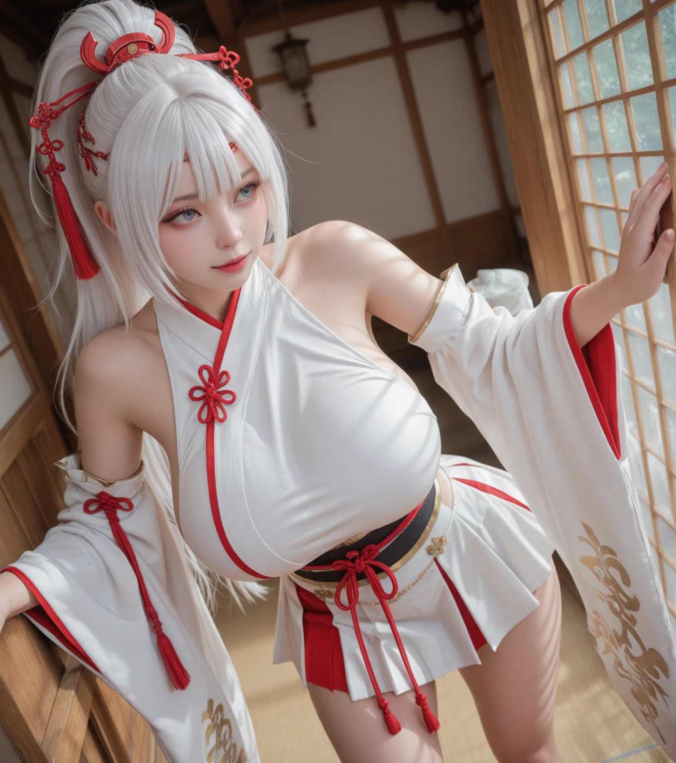 Japanese Shrines、Shrine maiden、White 、White Hair、Long Hair、Shrine maidenの髪飾り、18 years old、woman、whole body、Evil Smiley Face,  Red eyes, Iris, Pupil orange