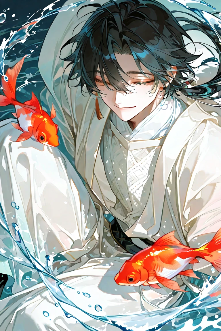 male, handsome male, (male), (man), blue eyes, blue hair, big fish, plenty of fish, many fish, ,fish everywhere, detailed fish, big fish, small fish, colorful fish, 