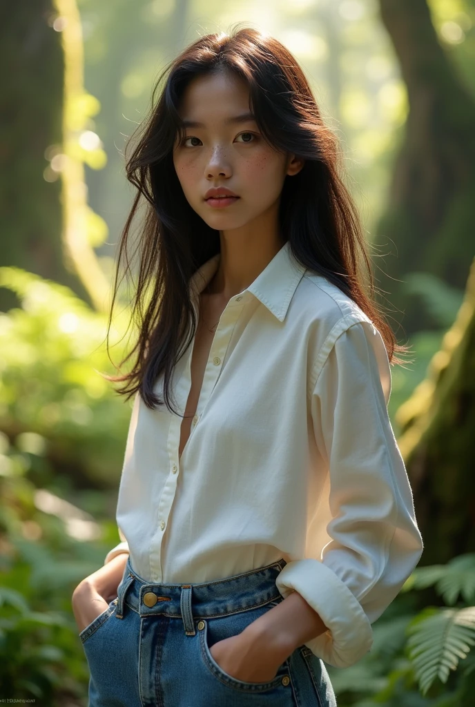 a natural skin, a girl, , a woman with black hair and a white shirt and blue jeans standing in front of a forest, best quality, 8k, highly detailed