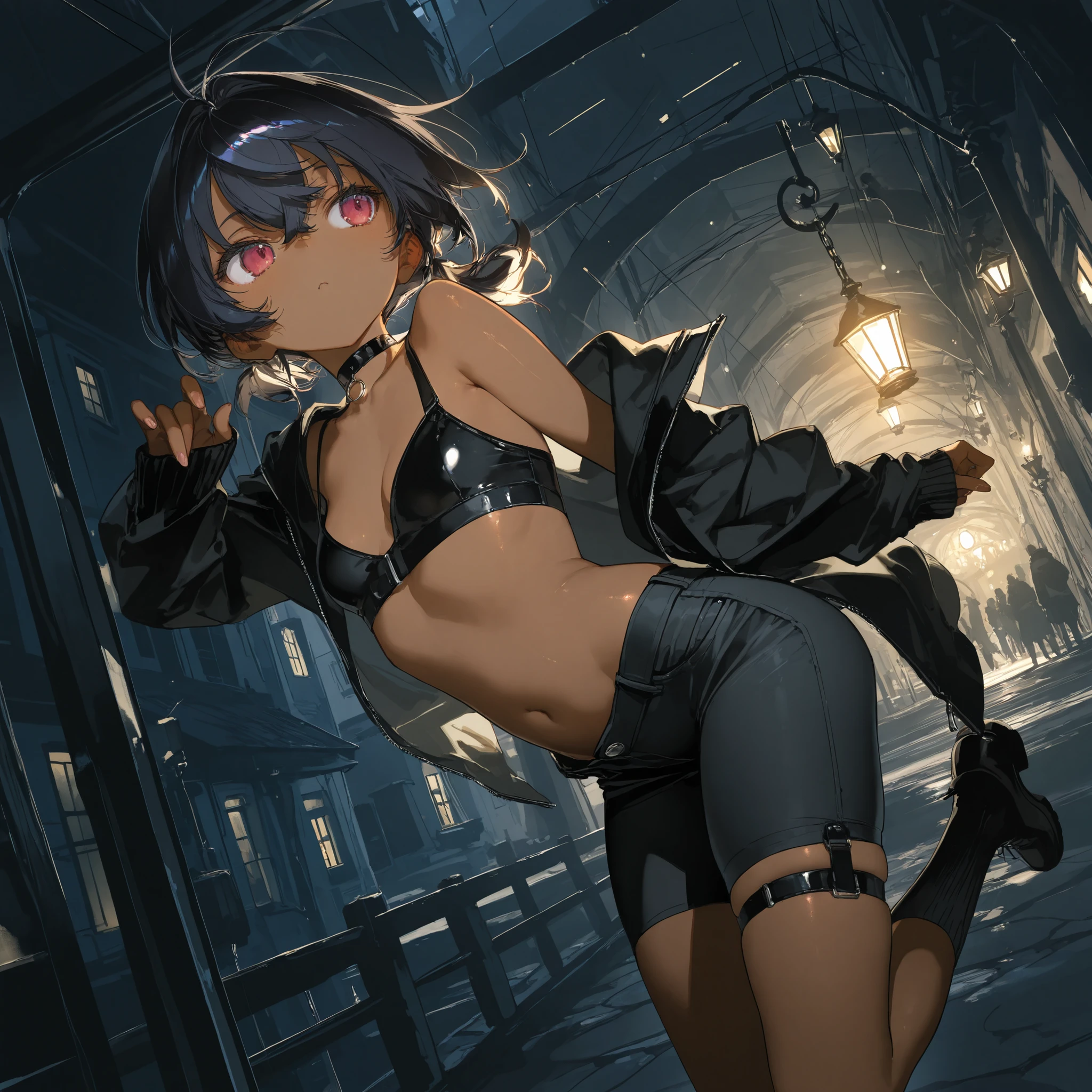 Completely の女性、Completely 、I can see her boobs, navel, ,  and  majora.、Short, fluffy, dark brown lob hairstyle、Small breasts、R-18 illustration、She is blushing with embarrassment、She  wide and opens her  to spread her 、This is the rooftop of Tokyo's tallest building late at night.、You can look down on the city buildings from here.、１A girl is 、It's night now、サファイアのアクセサリーが付いている大きな黒いwitch hatを被っているCompletely の女性、Completely 、I can see her boobs, navel, ,  and  majora.、knee-length black stockings、Short dark blue loose lob hair、Small breasts、R-18 illustration、、She has pubic hair growing between her legs、I can see her underhair