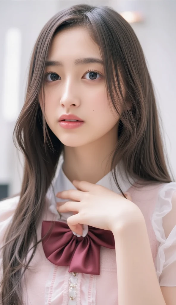 1womanl, up of face, mideum breasts, light brown hair, Blunt bangs, hair behind ear, Long hair, slender body shape, Ultra Fine Face, Thin face, Delicate lips, Beautiful eyes, thin blush, eyes are light brown, perfect glossy skin, flawless skin, View here, Ultra-thin hands, Ultra-fine fingers, best ratio four finger and one thumb, (realisitic:1.3), Nun with cross and rosary in hand in cathedral, Christian, One-person viewpoint, Fuji Film, F/1.2, 8K, masutepiece, nffsw, Super Detail, High quality, Best Quality, hight resolution