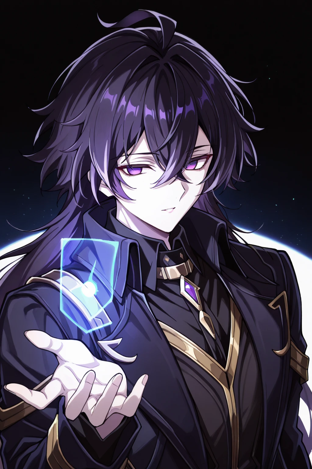 Male character with black hair and purple eyes and swords and black clothes 
