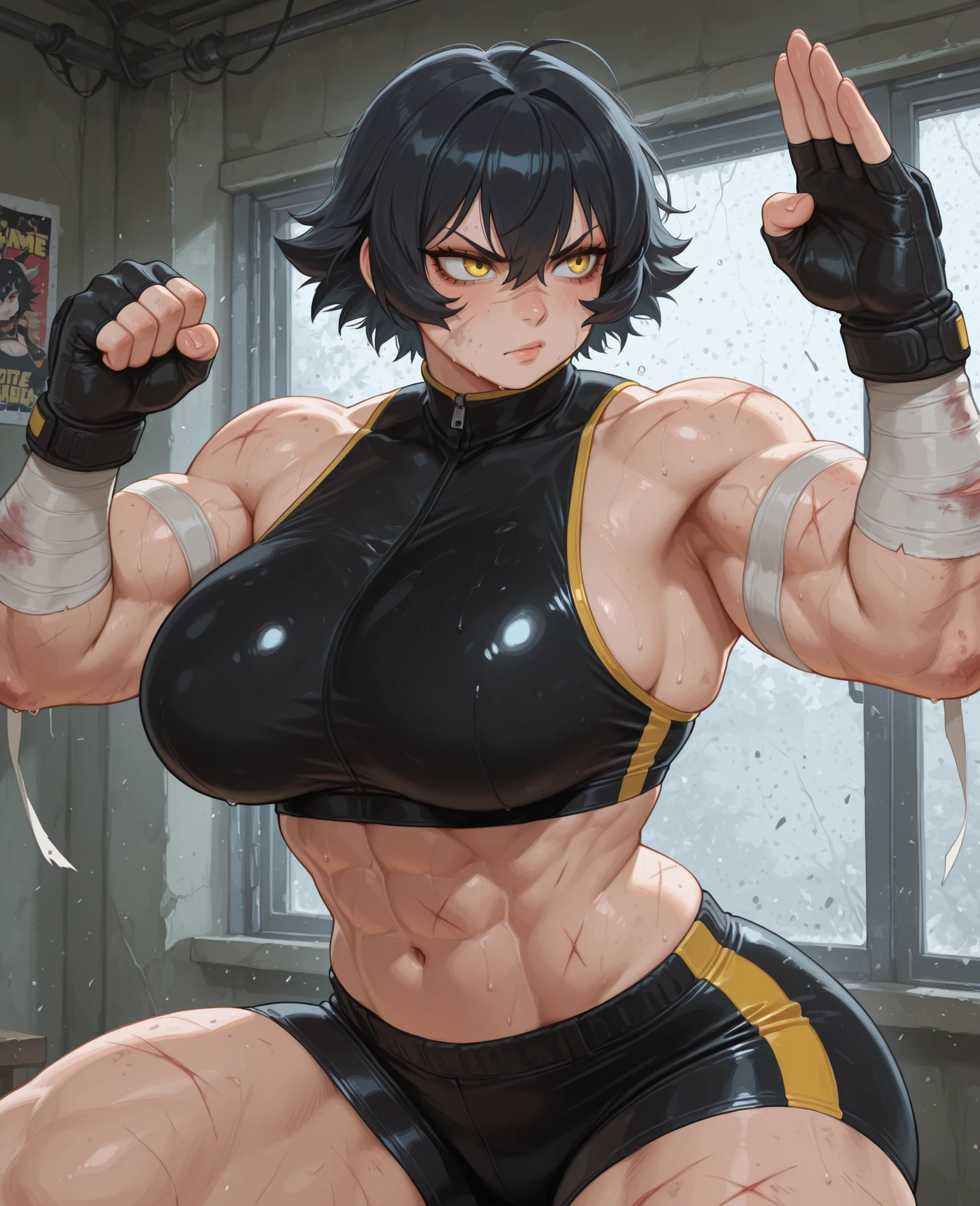 (((long hair))) black hair yellow eyes pale skin muscular girl huge breasts 