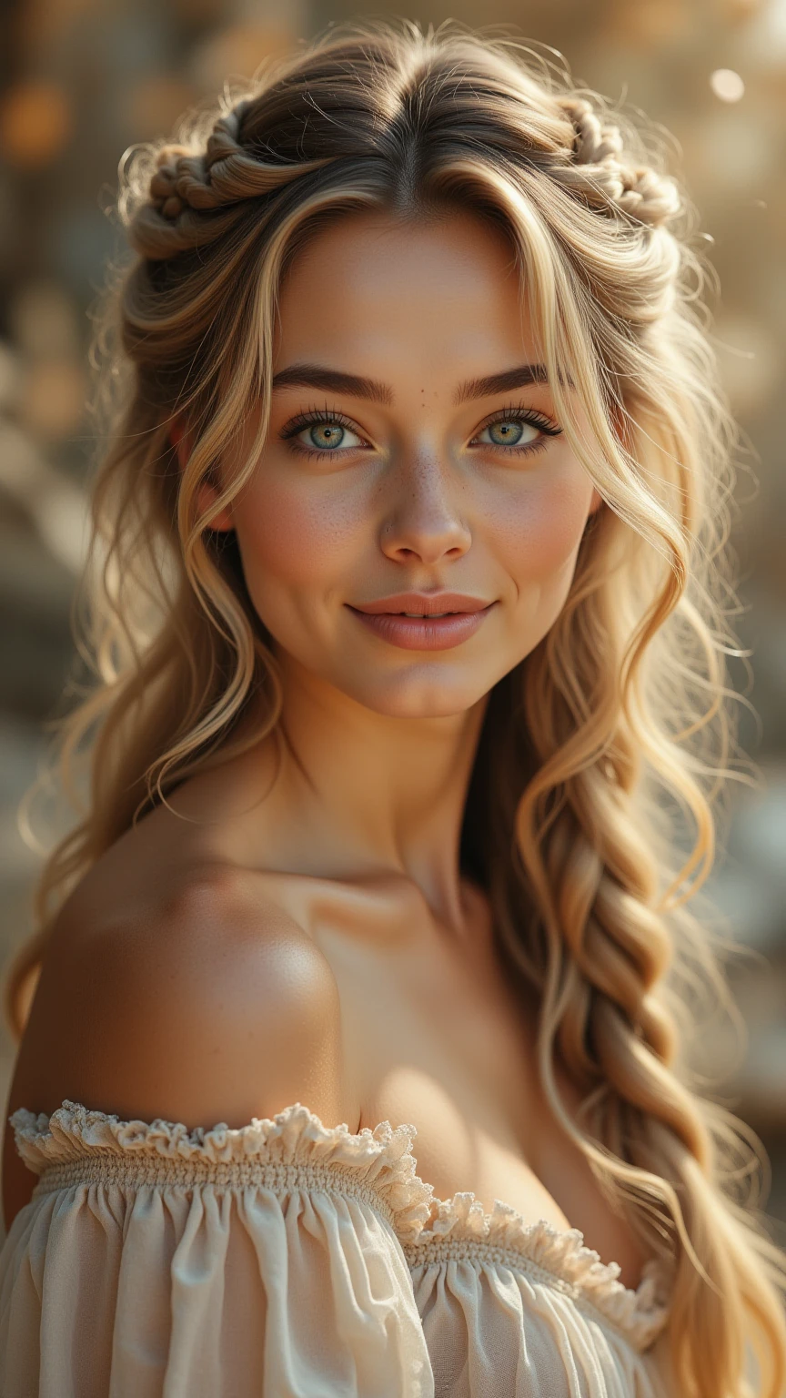  woman, 20 years old, slim, athletic, tanned skin, , narrow waist, curly blonde hair, instagram model, realistic, instagram picture, photography, genuine, natural. greek scenery, santorini.