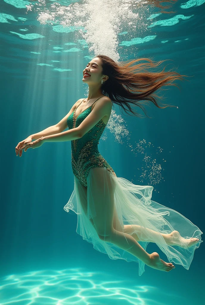 1girl, dives underwater, upside down, flows down, loose and short tunic, detailed skin texture, beautiful blue sea, sunlight streaming through the water, flowing hair, dreamlike atmosphere, vibrant underwater world, (8k, RAW photo, best quality, masterpiece:1.2),(realistic, photo-realistic:1.37),