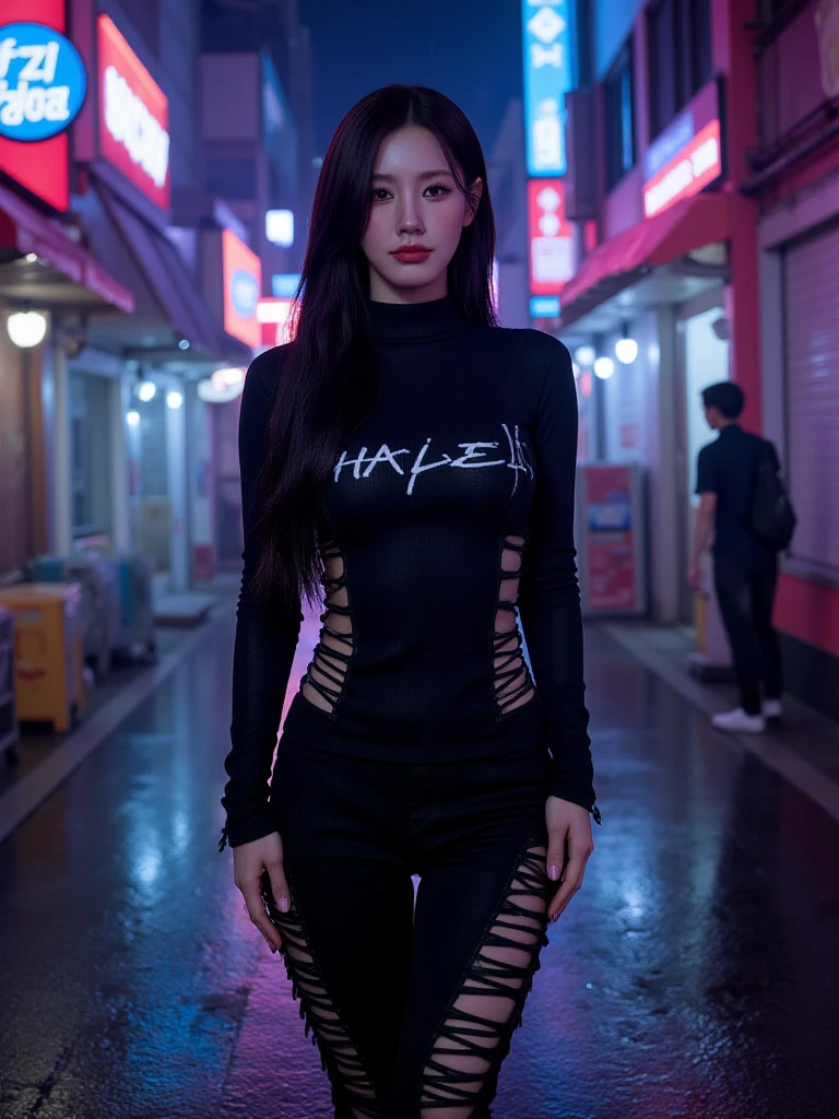 Beautiful woman wearing a dark Wearing swag style clothes mini dress with decorations on the shirt and visible shoulders and wearing boots and being photographed with a background And he was on top of a collapsed building ,Korean style swag, beautiful face so gorgeous, Beautiful eyes, y2k style, 