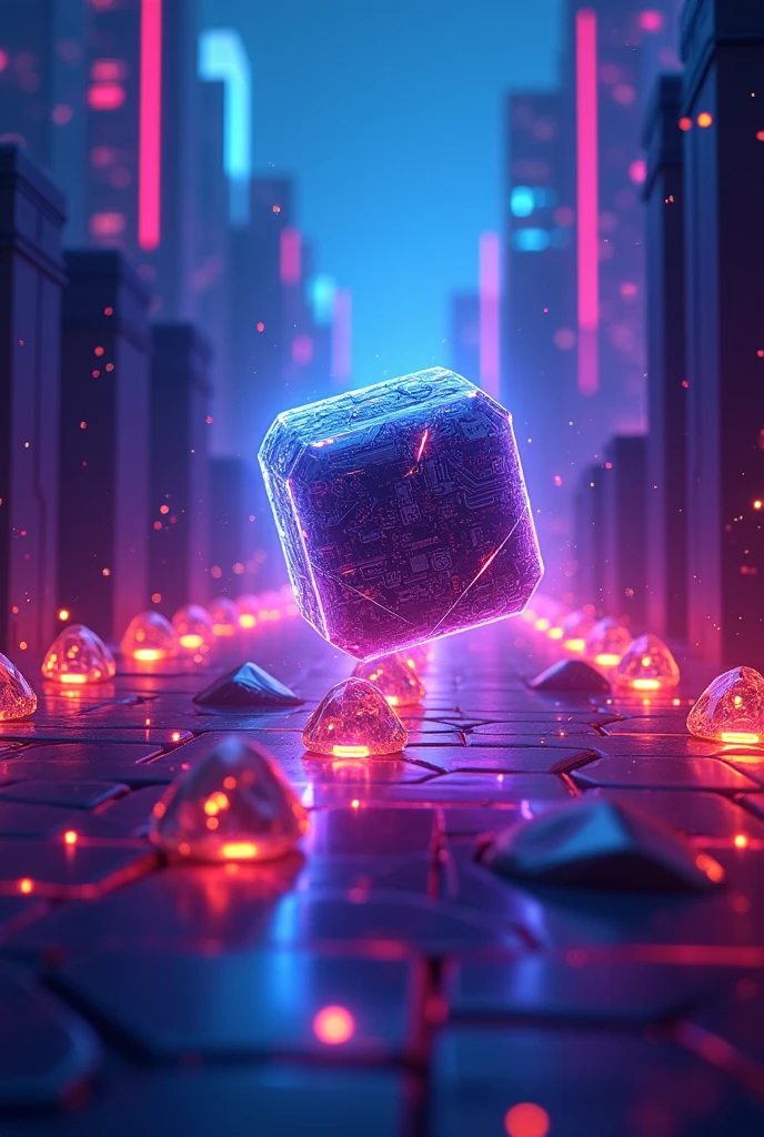 A close up of a purple and blue cube on a rocky surface - SeaArt AI