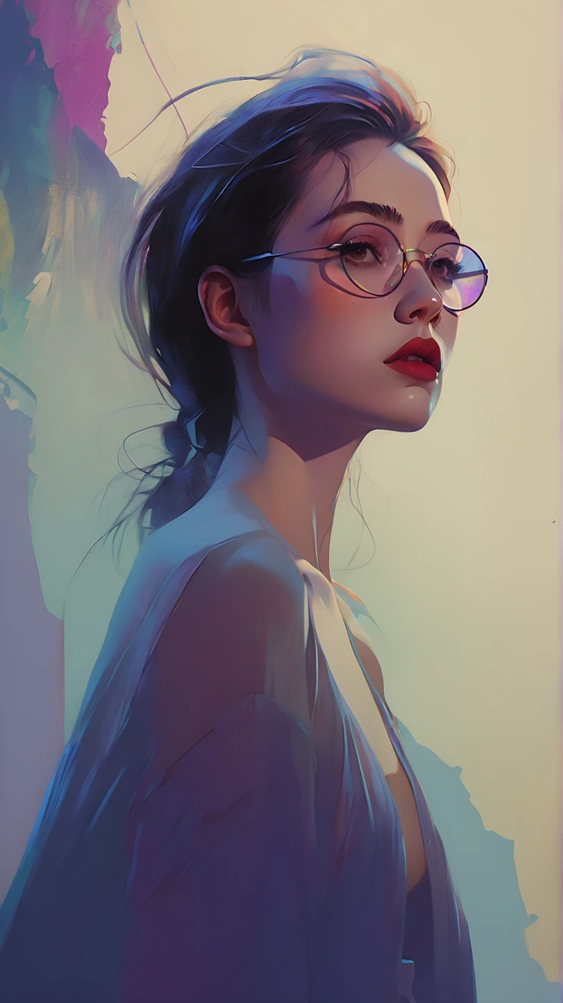 very girl, long black hair, glasses, ,, _from_behind, , _focus)) small , look, large window with a view of the night, stars, moon, (art inspired by Bill Sienkiewicz). oil painting) (best quality,4k,8k,highres,masterpiece:1.2),ultra-detailed,(realistic,photorealistic,photo-realistic:1.37),intricate details,vivid colors,sharp focus,professional,Dave McKean artwork, oil touch of surrealism,oil painting style,portrait,woman,beautiful detailed eyes,beautiful detailed lips,dreamlike atmosphere,shadow play,soft lighting,playful pose