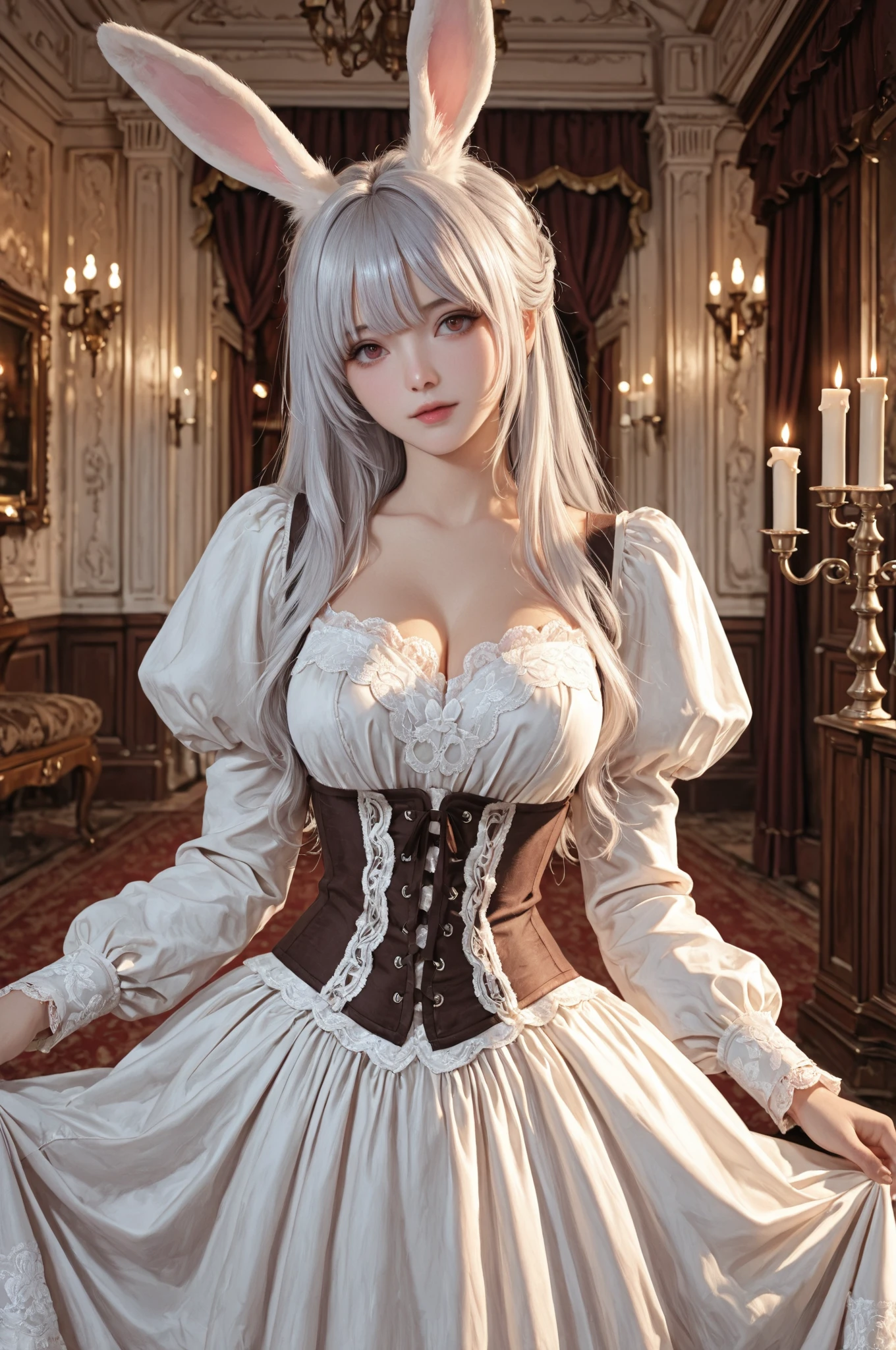 photorealistic, high resolution, soft light,1women, solo, hips up, shining skin, (detailed face), rabbit ears, white hair, necktie, wrist cuffs (wearing a satin corset and thigh highs), skirt, jewelry, tattoo