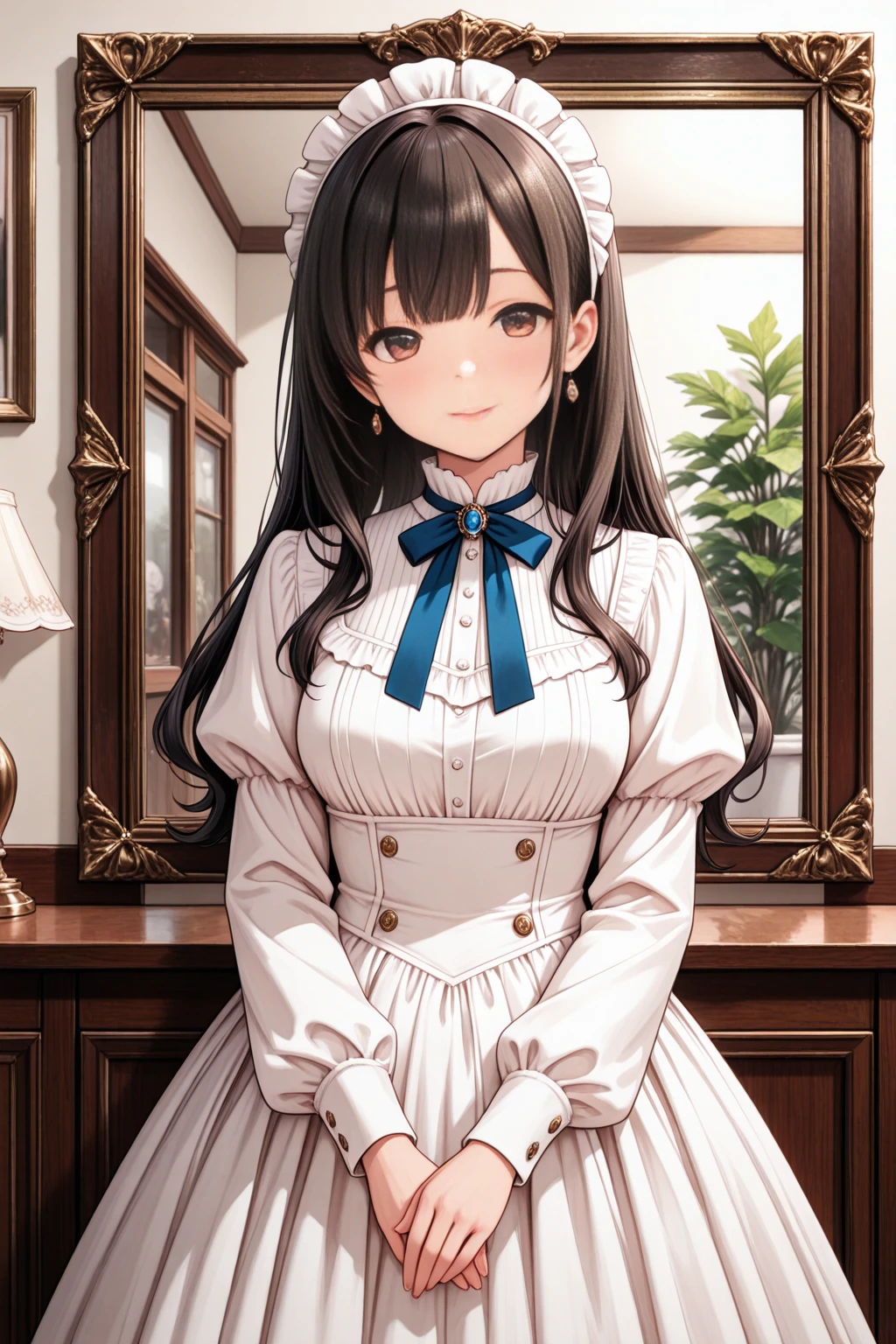 1girl in、notre dame、、imagem 4k、A smile、The shirt、Blouse、（paler）skirt by the、（small tits）Chilarism、movement、