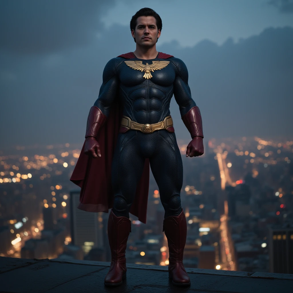 Destroyed buildings, a sun in the background, Metropolises, large buildings, an advertising billboard, city in the background, sunset in the background, building and an afternoon sky. a superman statue next to it. birds flying in the sky