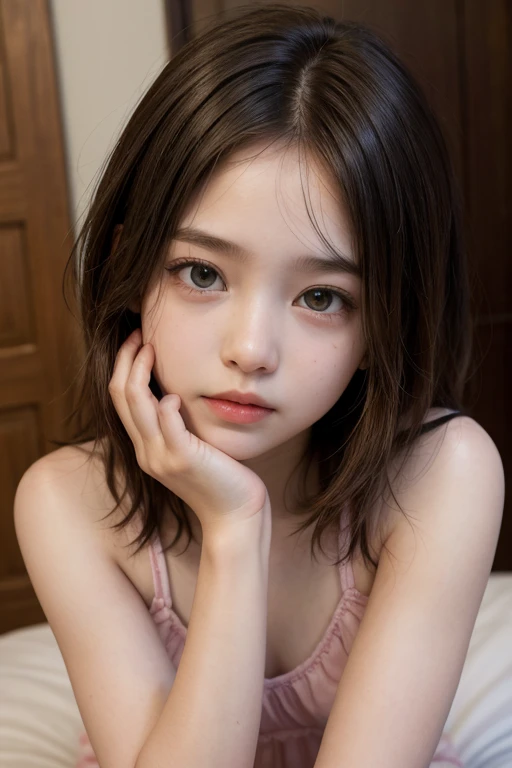 ((highest quality), 4k, High resolution, masterpiece), 

(Full Body Shot), (front view), 
Bright Morning, (Professional lighting:1.2), 

(neat and clean 11 yo japanese girl:1.6), 

flat chest, (a tiny and slight body), (a thin and delicate body), Delicate clavicle, Narrow shoulders, Thin arms, low chest, Tight waist, (small ass:1.2), (Thin legs), Thin thighs, Thin neck, Pale skin, 

(Looking into the camera), 

((detailed beautiful face:1.6)), (Little baby face:1.2), (small face:1.2), (No makeup:1.6), 
((Beautifully detailed eyes:1.6)), (Symmetrical eyes:1.4), Dark brown eyes, Big round eyes, Shining Eyes, double eyelid, Delicate eyebrows, Moist lips, 

topknot, open forehead, 

white camisole, 
Lying on the bed