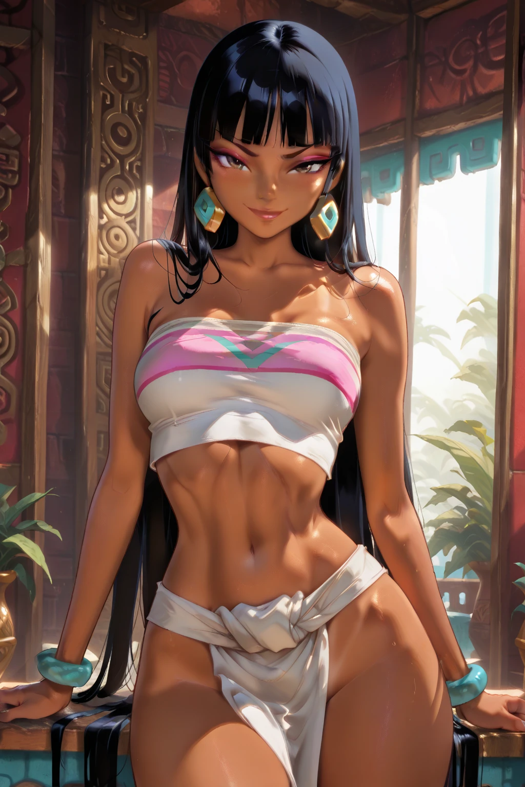1 girl, solo, beautiful, masterpiece, medium breast, ((hot)), attractive, look at viewer, TARANEE, (short hair), dark blue hair, light brown eyes, dark skin, bedroom, bed, laying on top of bed, blush, slight smile, 25 years old, blue harem girl, blue harem outfit, ((loincloth)), mischievous, sexy pose