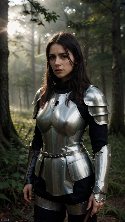 a beautiful  knight, tan skin, long dark hair, blue eyes, smiling, detailed  features, intricate armor, glowing sword, knight's helmet, mossy forest background, dramatic lighting, photorealistic, cinematic, highly detailed, 8k, masterpiece
