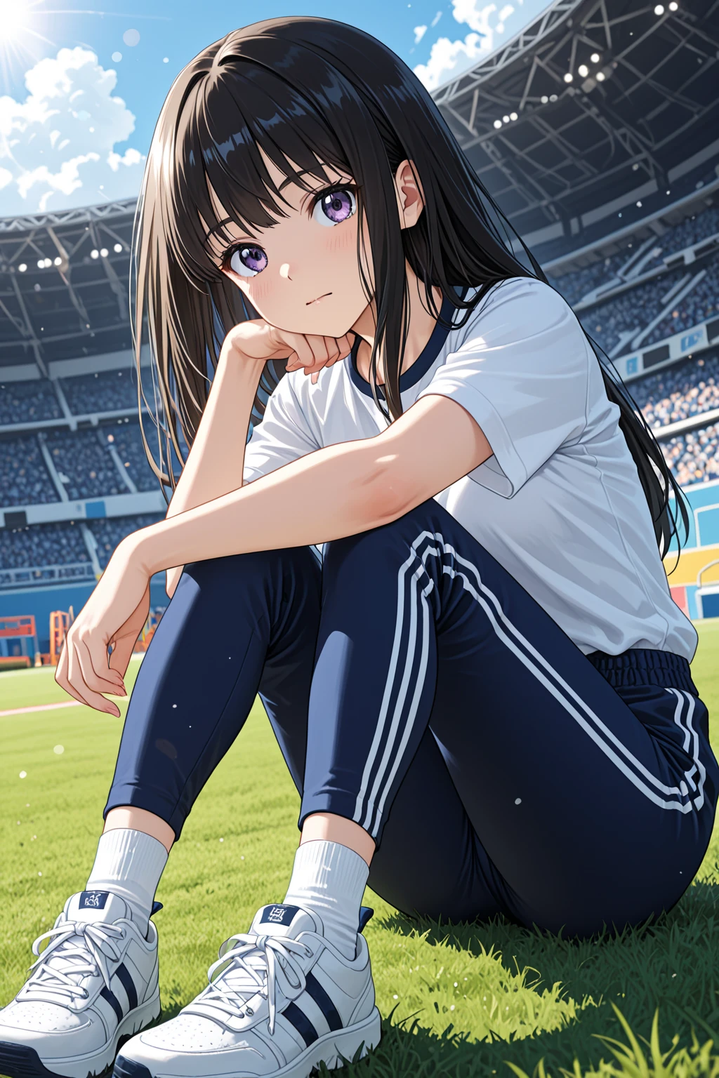 Wearing a soccer uniform with embroidered logo and Adidas logo print、middle School girls、Sweaty and looking happy、Her  are visible and protruding、very small breastasturbating
