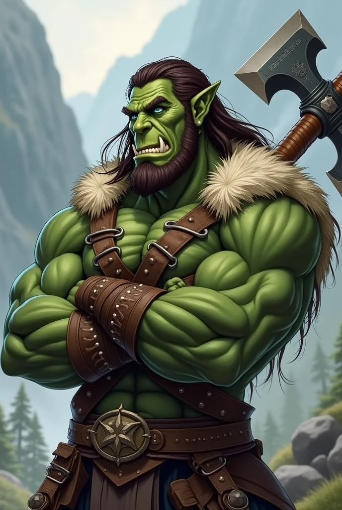 Solo, male (((orc, blue eyes, black pupils blue iris, muscular, big pecs, abs, green body, black hair,  hair, beard, beard pony tail, braids,  hair, loincloth))) standing, full body, perfect , by darkgem, by mystikfox61, by glitter trap boy