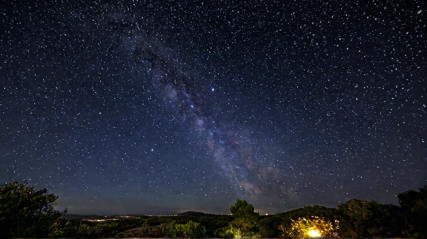 paisaje de campo con estrellas y planetas de fondo