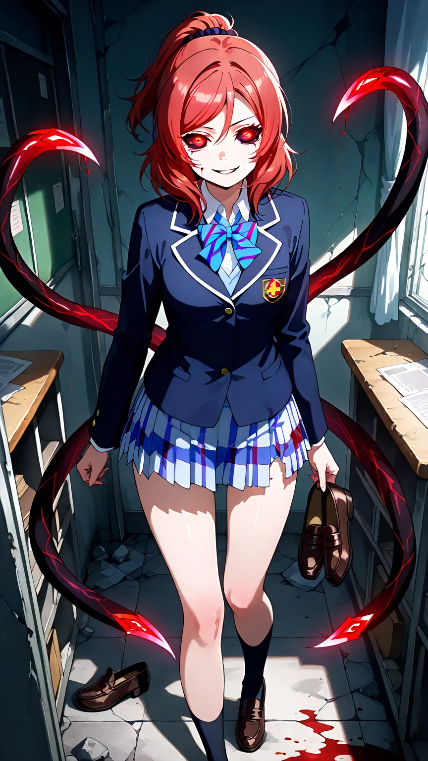 epic-Ultra-HD-details, epic-Ultra-HD-highlights, anime-upscaled-resolution,(realistic, photo-realistic:1.37), precise and realistic hair:1.1), beautiful detailed eyes, extremely detailed eyes and face, awardwinning, amazing details, super detail, best quality, 1080P, 8k, masterpiece（fullbody shot：3.0）, 1girl, asymmetrical bangs, , (Exquisite business suit:1.5), glowing red hair, necktie between breasts, midlle breasts, Glowing, eyes, (bone devil horns:1.5), eye shadow, Eyeliner, devil tail, Black Halo, tattoo on breasts, hair strand, (((detail bones)))