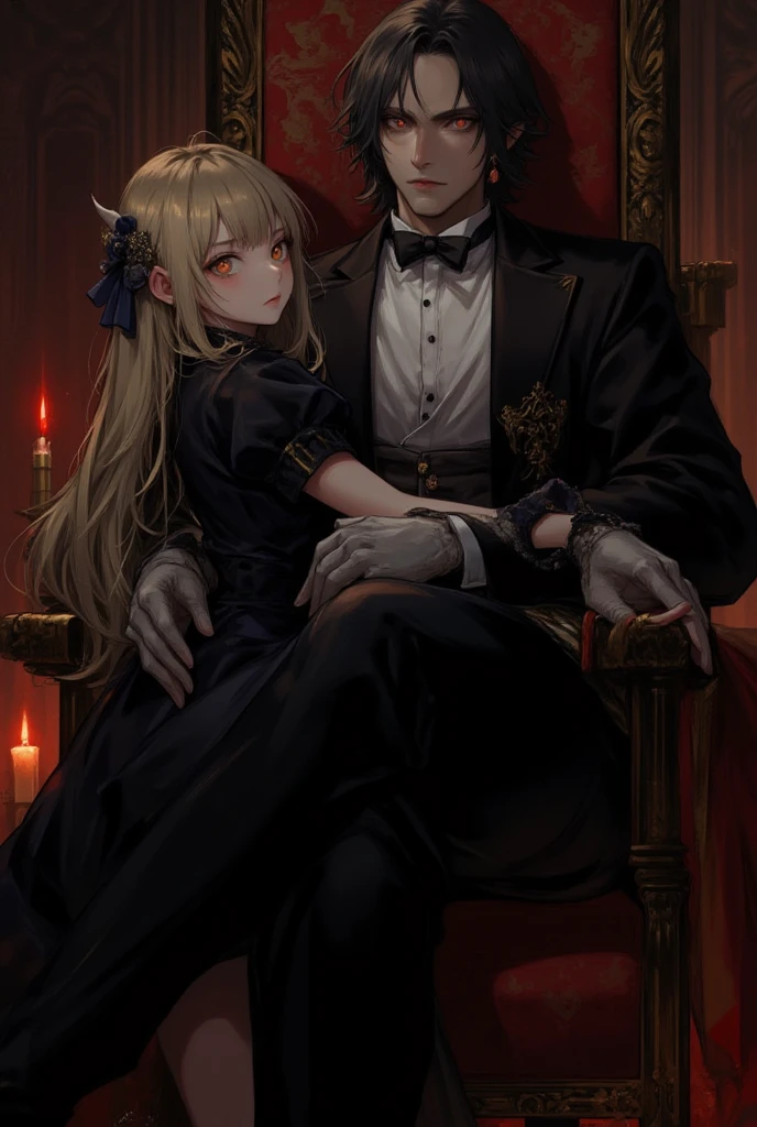 ((Highest quality)), ((masterpiece)), (detailed), (Perfect Face)、The woman is Princess Leona, with medium-long light brown hair, a gorgeously jeweled black wedding dress, a gorgeous black wedding veil, and gorgeous jewelry accessories. She is in a gorgeous bridal outfit, and a vampire is biting her on the neck and her blood.、The woman is embraced by the majestic vampire Count Dracula, who bites her neck and happily sucks her blood.