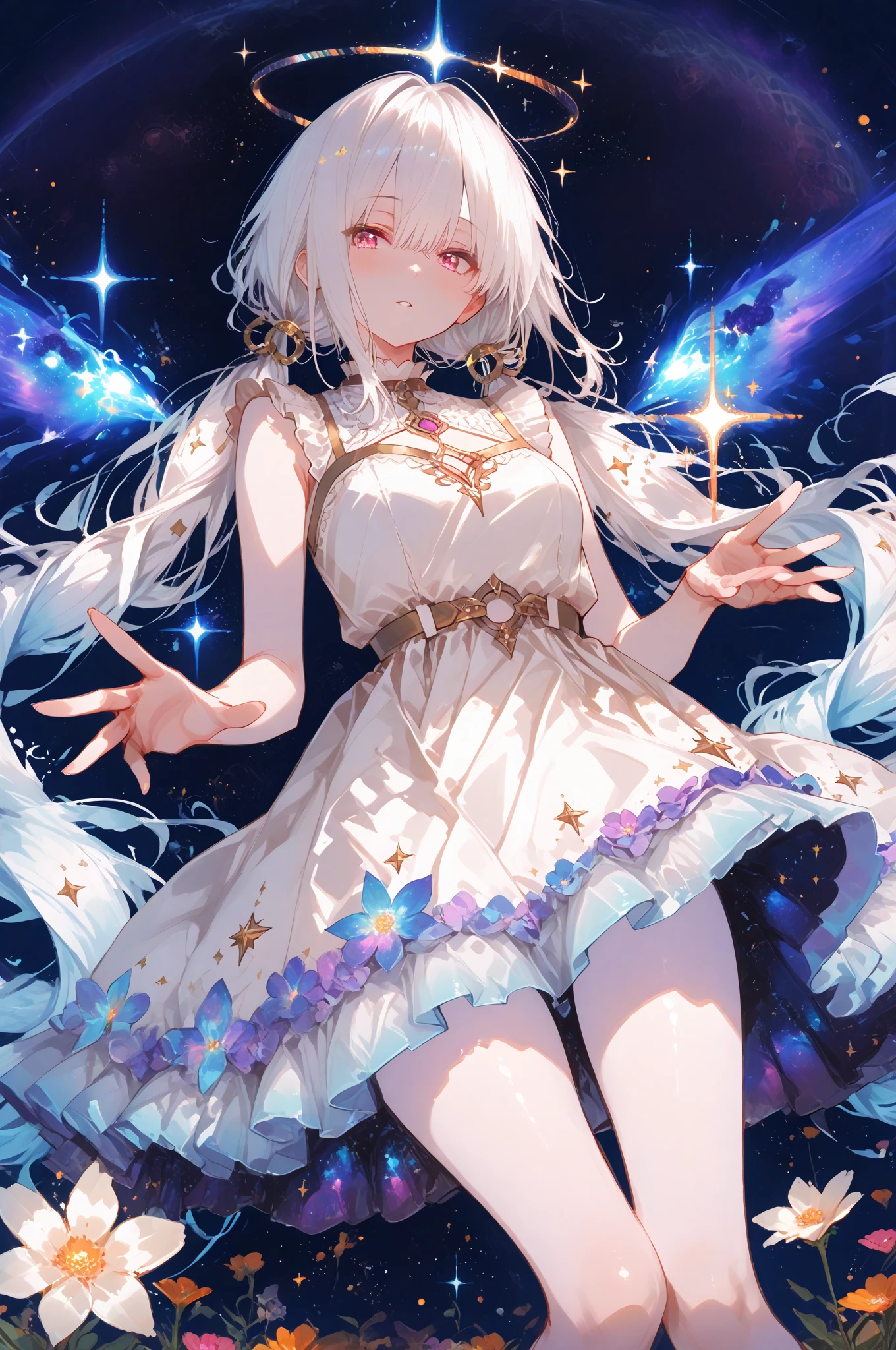 photo realistic, photo realistic, photo realistic, (masterpiece,best quality:1.4),(8k,raw photo,photo realistic:1.2),, detailed skin,detailed face,1girl,Japanese idol,cute face,Child,petite, Girl Standing On Water、blonde、Wavy Hair、blue eyes、semi-long、、 shot、白いfrills、Lift up your skirt、Light blue dress、beautiful eyes、Sparkling、Eyes that seem to be sucked in、Standing Girl、one girl、１４age、Beautiful scenery、moonlight、A very big moon、Beautiful starry sky、shooting star、high resolution、night view、The Lost City、barefoot、whole body、Scattering Flowers、Hanabubuki、pretty fingers、beautiful feet、small breasts、girl in return、broken town、Fluttering feathers、frills、画面全体がSparkling、Lots of feathers、fantasy、mysterious、Face、upper body up、(((rainbow light)))、zoom in、Clean mountains、countless stars、Countless lights、