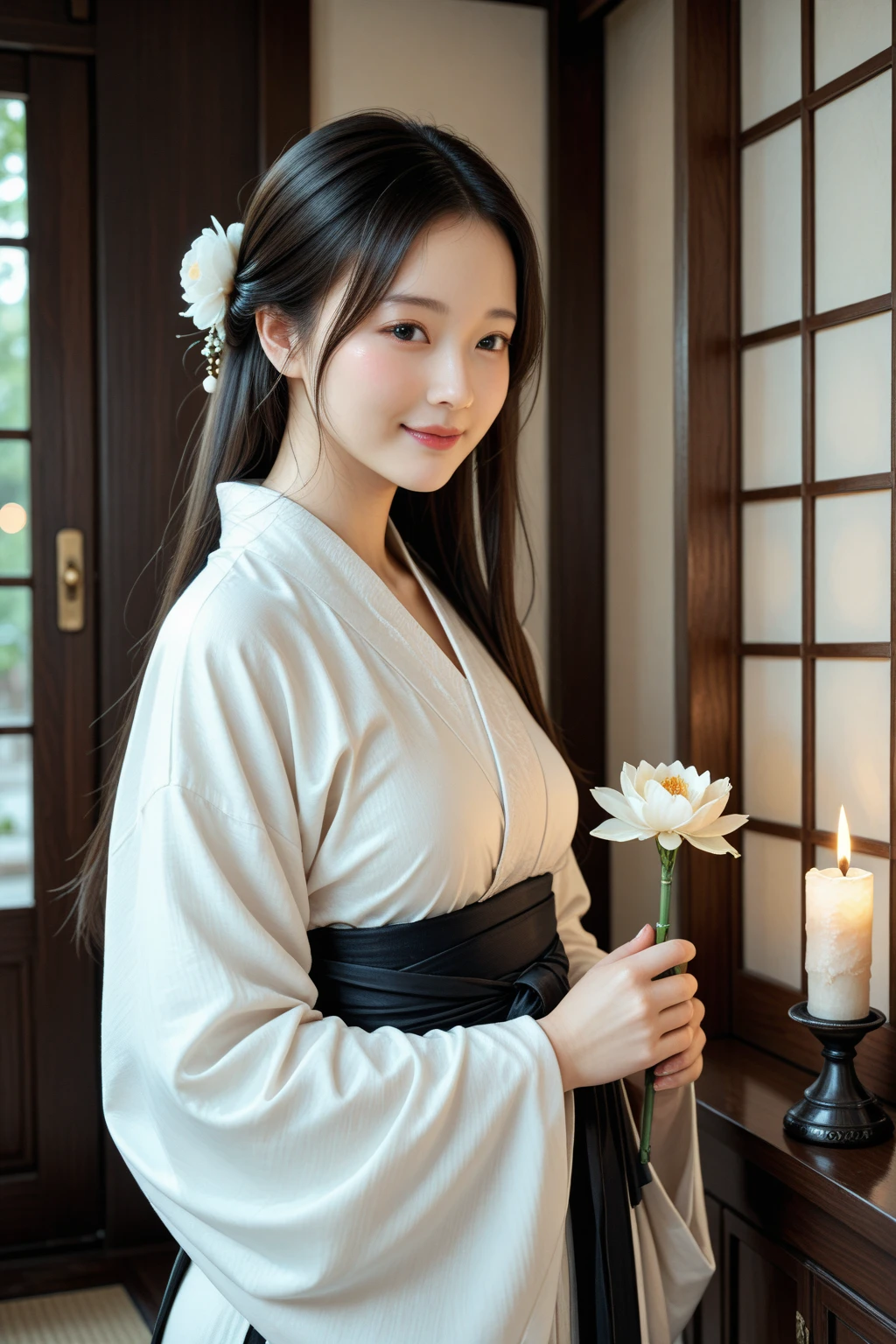 chunmomo, (masterpiece, best quality:1.2), soft light, 1girl, solo, delicate face, Detailed skin, long black hair, ,hanfu, chinese traditional dress,cafe,huge breasts