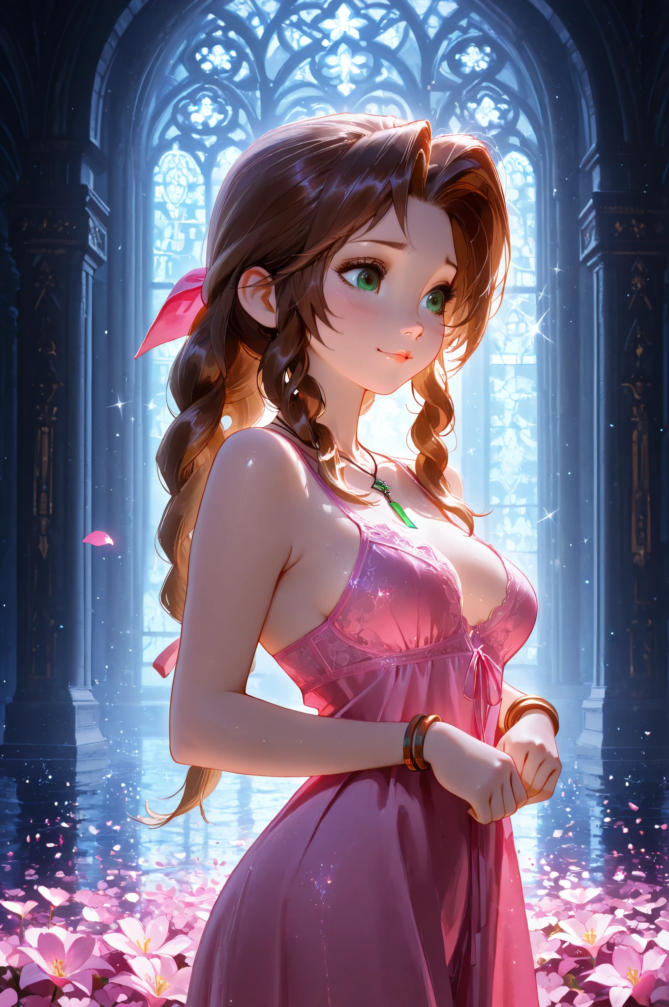 (Realisttic:1.2), analog photo style, (cute woman looking like Aerith Gainsborough from "Final Fantasy VII"), (cute detailed face, intensed detailed eyes), (her full body s a visual pleasure), faint smile, soft shading, lifelike skin texture, ???? and seductive, dynamic, in motion, light reflection on the floor, three dimensional effect, gloomy dark atmosphere, play of light in the sun rays, faded colours, great quality, Masterpiece, intricate fantasy background, naturally cinematic light, 16k quality, HDR, RAW photo