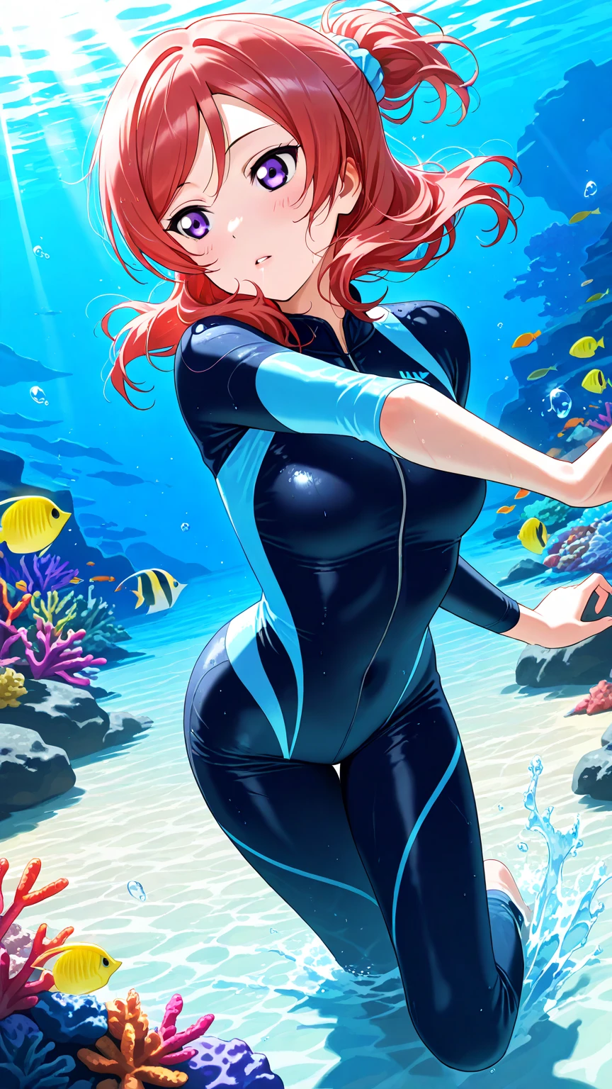 A cute girl in a swimsuit（original ?????? swimsuit）(Small body)(Orange Hair:1.3) (White skin:1.2)Height: 130cm, original character, Fantasy, View Viewer Art： (A girl with beautiful deep eyes. The depth of field in the photo is perfect、Lens flares create a nice atmosphere. The details of her face really stand out, This photo definitely gets a 10 or more.. background, There is a beautiful sea with crystal clear water and water droplets floating on the surface.
