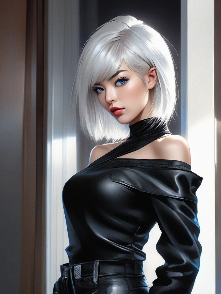 1girl, short blonde hair, pale skin, gray  killer sweater, ultra detailed, masterpiece, best quiality, 8k, vibrant colors