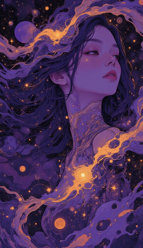 double contact，Oliver Morris double exposure photography style，Couple silhouette，Close-up cleavage，The vast universe，heavenly body，Colorful，vivd colour，a true，フォトリアリスティック，k hd，8K分辨率，tmasterpiece