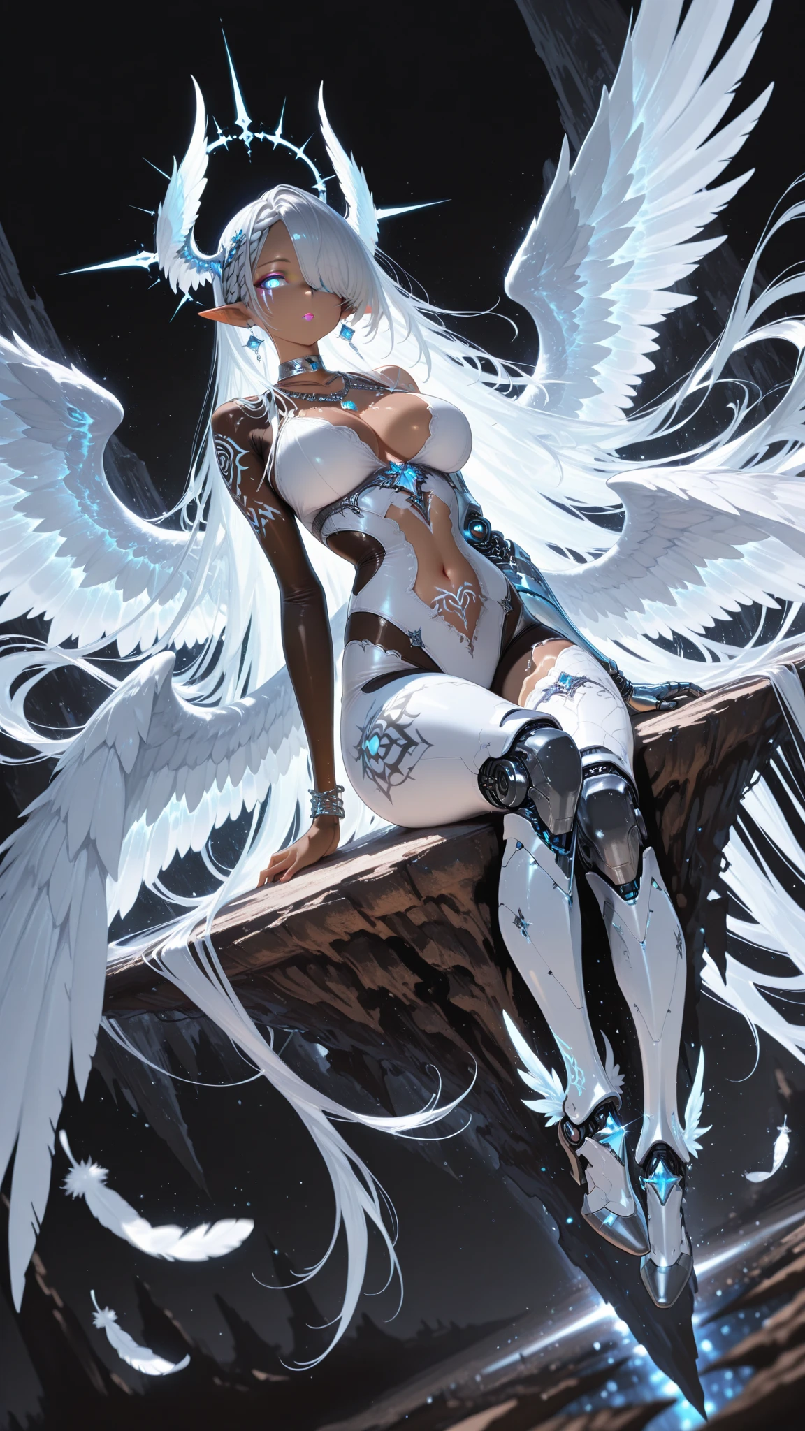(((((dark blue skin))))), beautiful face, (((strong wind))), storm, (((blue eyes))), (hair ornament)), (((((white tattoo))))), (((?????))), ((( pubic hair))), female ?????????, beautiful girl, ((( long white hair))), night ((( Beautiful face))), (((海))), standing, (((((blue wings))))),(((Photo taken from below))), (((???????????)))