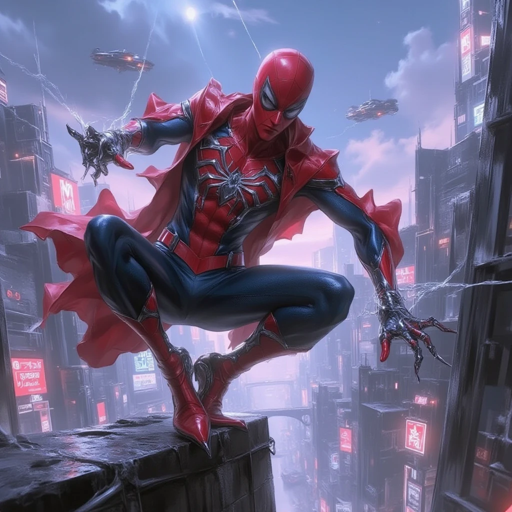 (extremely detailed CG unity 8k wallpaper, masterpiece, best quality, ultra-detailed),(best color grading, best shadow and highlight, an extremely delicate and beautiful), Cyberpunk Spider-Man, cybernetic armor suit, in a Cyberpunk metropolitan city, dynamic fighting pose, futuristic skyline. --auto --s2