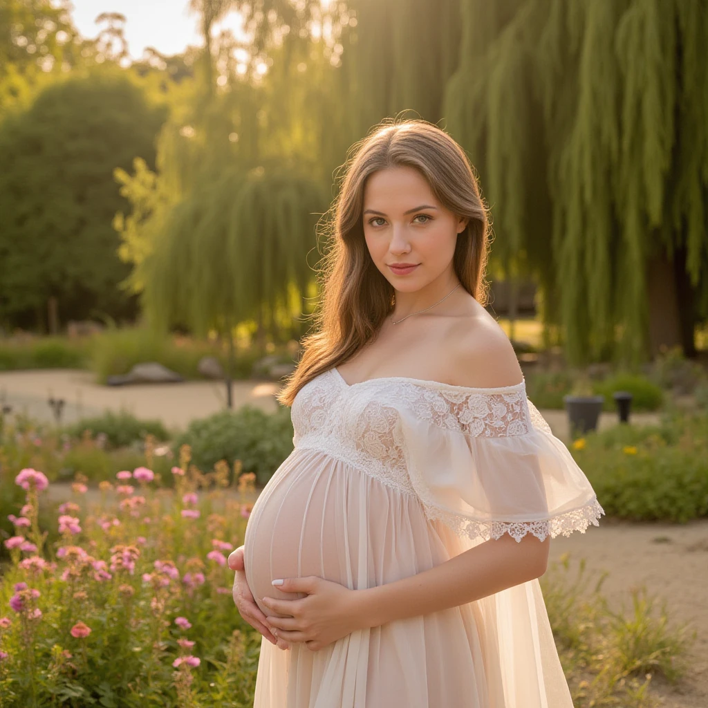 Close-up photo of a pregnant woman, Beautiful pregnant woman, Stand with your hands dangling, long hair flowing with the wind, In the middle of colorful flower beds, White dress,((with short golden hair)),beautiful  flowers