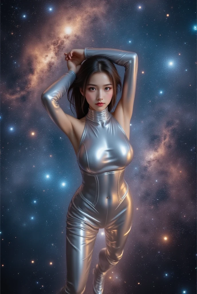 (galactic body paint photoshoot:1.5), (female model with big hips and toned legs), (cosmic and space-themed designs), (futuristic and elegant poses), (studio setting), (vibrant and contrasting colors), (high definition), (intricate details), (high quality, vivid colors)