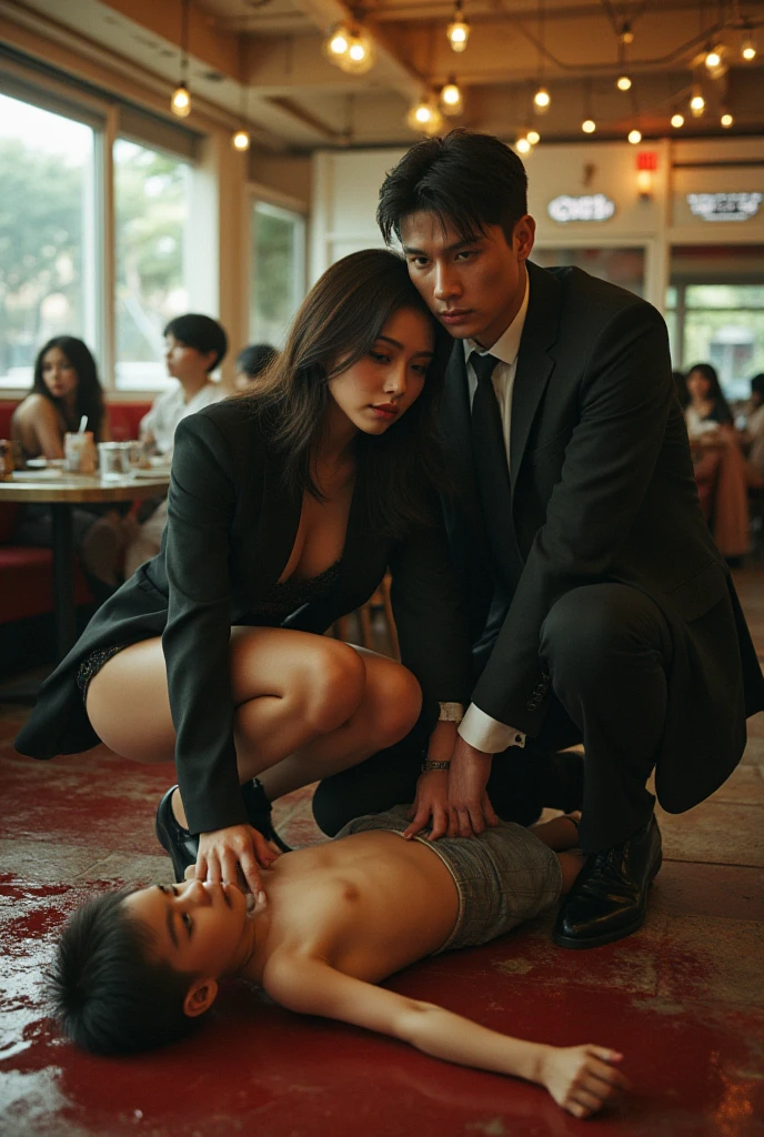 photorealistic, masterpiece, best quality, raw photo, 1girl, solo, long hair, brown hair, detailed face, alluring face, collared shirt, medium breasts, dynamic pose, looking at viewer, from below, detailed background, fine detailed, intricate detail, ray tracing, depth of field, low key, hdr