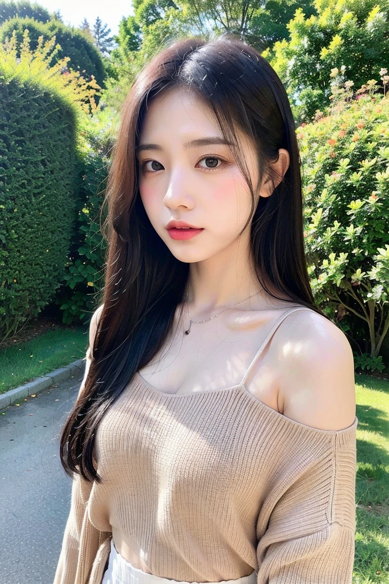 ((Best Quality, 8K, Masterpiece:1.3)), A beautiful girl, pure, melon face, gentle and cute, thin figure, partial head, leaning forward, short sleeve shirt, slit long skirt, high ponytail, black fluffy long ponytail hair, round black big eyes, clear big eyes, moist red lips, sweet, sitting, blue sky and white clouds, sunshine, beach background,