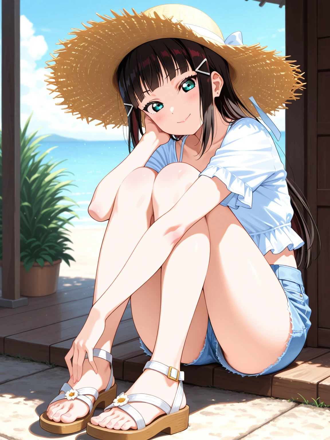 1girl in、25-years old、large boob、I can see the lower breasts、full body Esbian、A dark-haired、hotpants、pantiy、Beach、A slight smil、 ,see breast,see vignan 