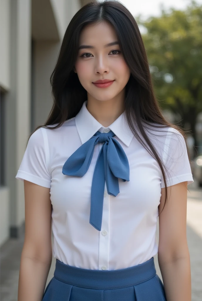 female,１2 2 years old,golden hair,blue eyes,Hair pins,   (look at viewer)),(Big smile:1.3), (blurred background),(There's no one behind it.:1.3), clear eyes, walking place, (Pale skin), (Big eyes), Facing Forward, (brown hair), (Take the whole body), , ((Black high waisted skirt)), , (look at viewer:1.3)  Opening, very slim, ,  Before drawing eyebrows, thick thighs((white shirt:1.3)), (Two-breasted,under :1.2), short sleeve, Gap button,corset belt,beautiful ponytail,