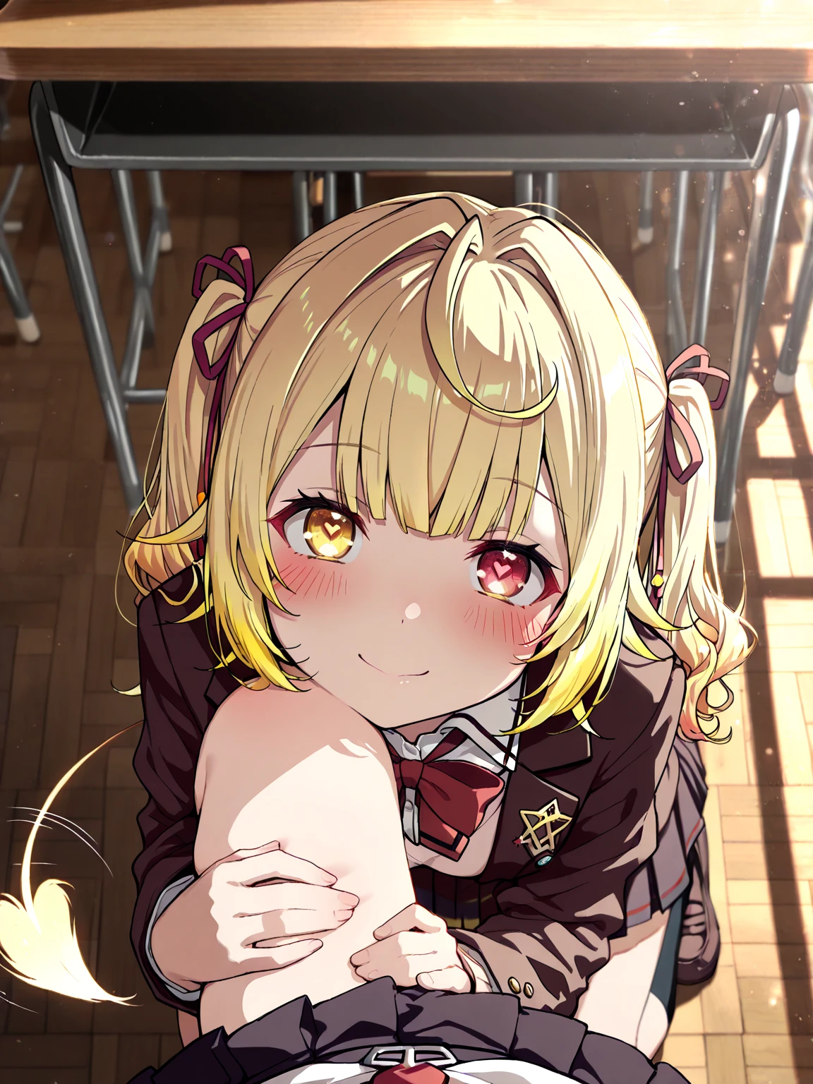 masterpiece, best quality, highres, 4k, ray tracing, intricate details, highly detailed, (From the point of view of a young weak  male with a tiny metal  and big .), (1girl:perfect face, cute, small breasts 1 girl, Maka albarn is a very young blonde anime girl from soul eater wearing her uniform.) Smug expression, SPH, small  humiliation, on public, Background girls looking amused, POV.