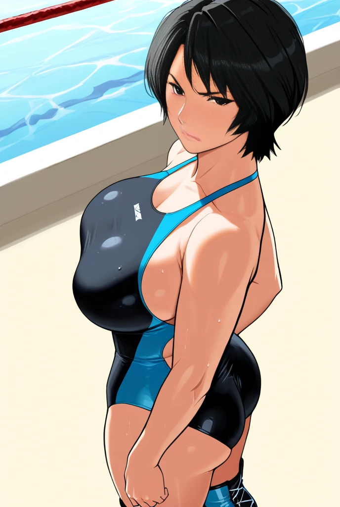 master piece, best quality, short hairblack hairred eyes,

1 girl solo,(((huge breasts))), saggy breasts, 

one-piece navyblue swimsuit,((old school navyblue swimsuit)),school navyblue swimsuit,wet,barefoot,. 

embarrassing,smile,blush, 
looking at viewer, 

sunlight, cloudy sky, sun, school pool,outdoor,