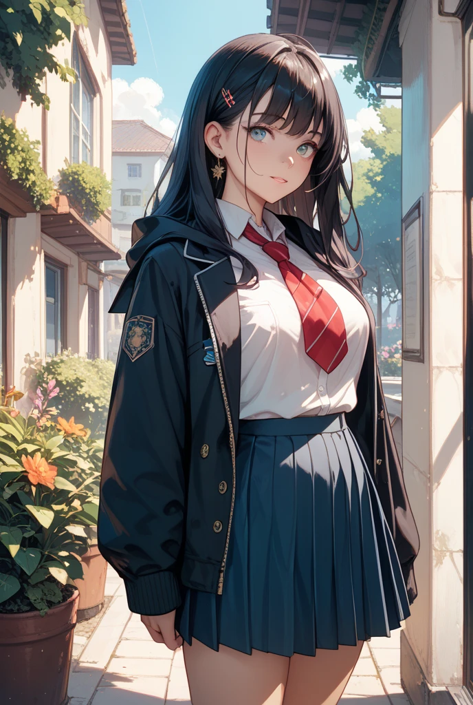 (Highest quality), (so beautiful), (Super detailed), (Best illustrations), Gal, Improve, alone, 1 dog, Rainbow Hair,Long Hair, Messy Hair, Random color eyes, Large Breasts, stripe dress shirt, Pleated skirt,Tokyo,Fancy city,Laughing with your mouth open