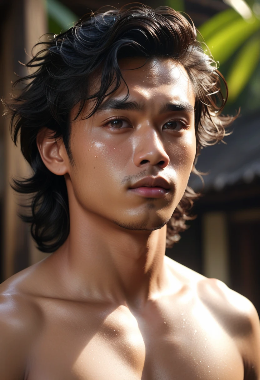 Indonesian boy, hairy, slim muscular, seducing, , outdoor