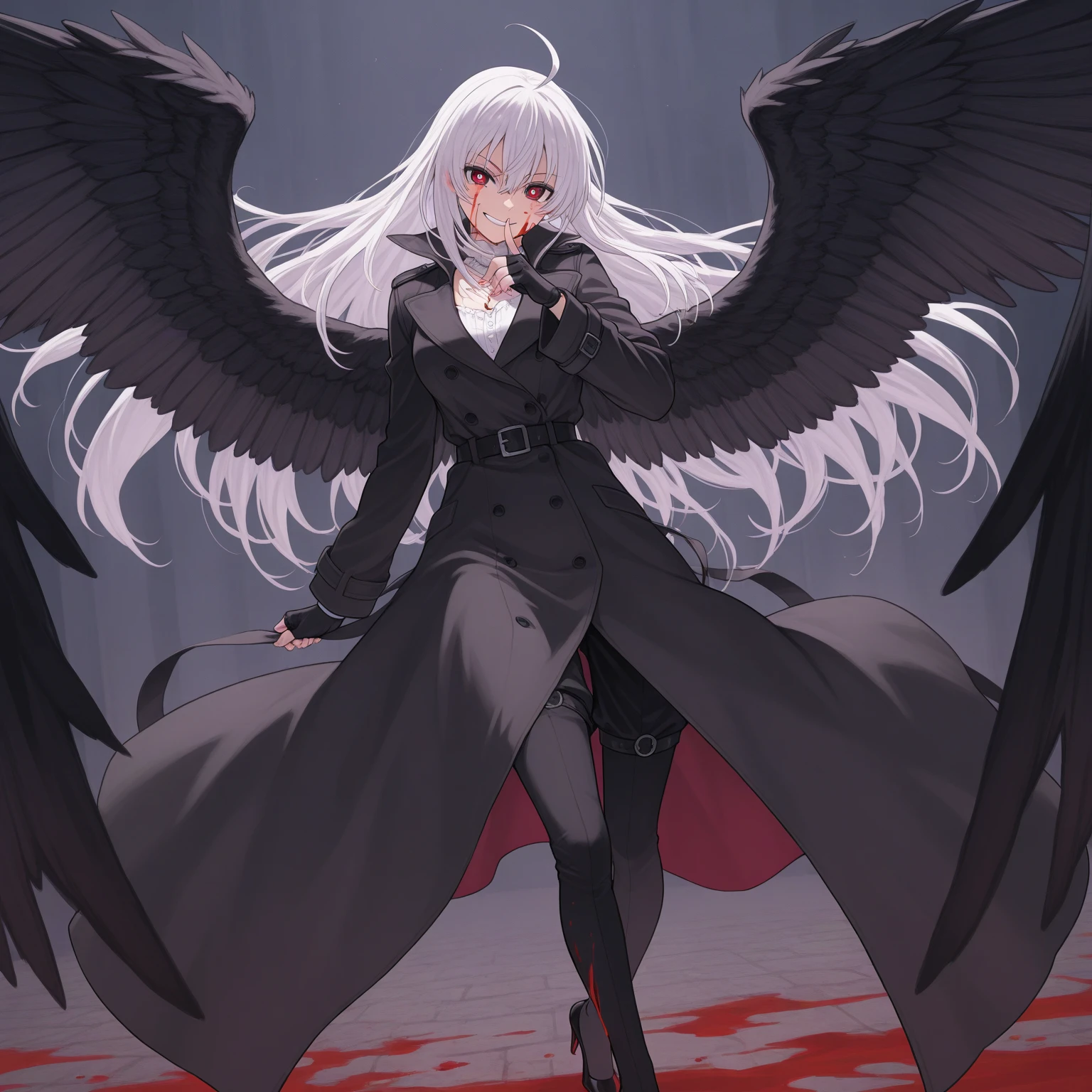 (obra-prima), (melhor qualidade), (ultra detalhado),(cabelo desgrenhado),(illustation), (1garota), (roupas da moda), standing on,modelo,olhando para o espectador,  lindos olhos detalhados, rosto lindo e delicado, flutuante, cabelo preto, twintails, cabelo longo, red eyes, black wings