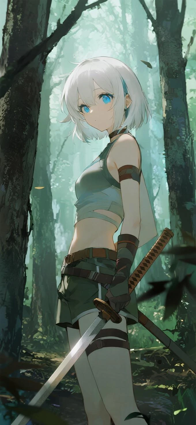 head: Yunna has snow-white hair, long and straight, that falls in an elegant braid over her right shoulder, delicately framing her face. Contexture: Athletic and agile, with muscles toned from hunting and fighting. Garments:Your outfit is light and functional, ideal for moving freely through the jungle. She usually wears a short top made of leather or resistant fabric that exposes her abdomen., and pants of the same material. Sometimes she wears a short skirt made of feathers or leather strips over her pants..