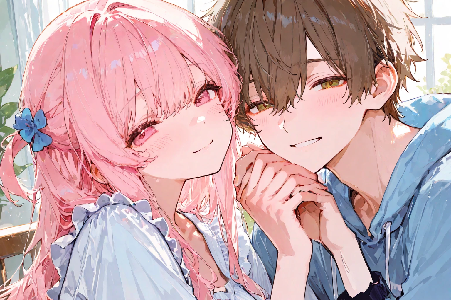 couple, (1man, 1woman), casual cloth, cute couple, happy smile face, romantic atmosphere, looking each other, having fun, running, pink, blue, close up, detailed face, dreamy eyes, soft light, romance, novel cover, webtoon, anime style, watercolor, by makoto sinkai, modern era, good proportion, symmetry, (HD, 4K, high resolution, masterpiece, absurdres)