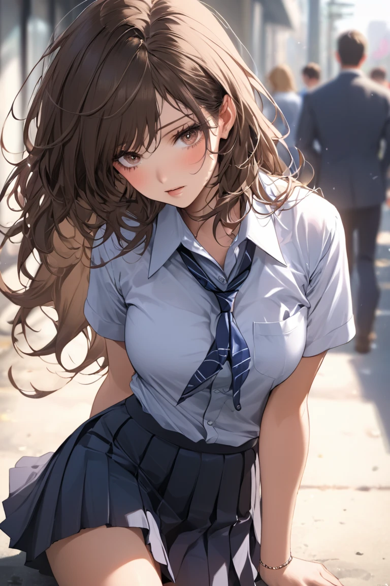 (masterpiece:1.3, top-quality, ultra high res, ultra detailed), (realistic, photorealistic:1.4), beautiful illustration, perfect lighting, colorful, depth of fields, 
beautiful detailed hair, beautiful detailed face, beautiful detailed eyes, beautiful clavicle, beautiful body, beautiful chest, beautiful thigh, beautiful legs, beautiful fingers, 
looking at viewer, front view:0.6, 1 girl, japanese, high school girl, perfect face, (perfect , anatomically correct), cute and symmetrical face, babyface, , shiny skin, 
(long hair:1.5, (two side up:1.2), dark violet hair), hair between eyes, dark purple eyes, long eye lasher, (medium breasts), slender, 
((short sleeve collared white shirt, steel blue pleated skirt)), dark red bow tie, piercing, 
(beautiful scenery), evening, (street, cityscape in the distance), walking, arms behind back, (happy smile, parted lips), 