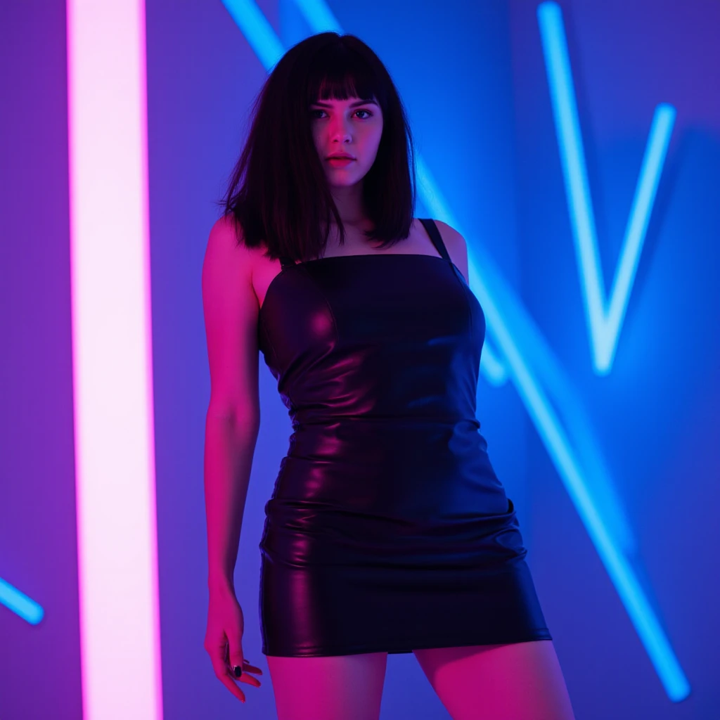 white girl in a night club, full body, sexy black dress, black hair
