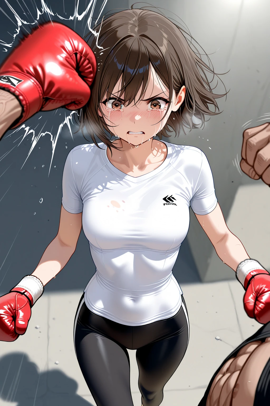 Two men and women fighting。In a street fight、A female street fighter screams after being punched repeatedly by a man。Covered in bruises。Bloody。shortness of breath。Frightened expression。Running out of energy。Sweaty。Short black hair。Open Finger Gloves。Upper body 。Denim shorts。 。Eyes closed。Leaning back。