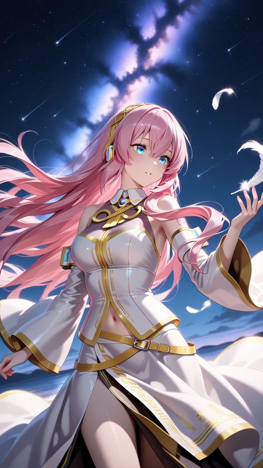 Athena with plain long light purple hair,hair between eyes,green eyes,rosy cheeks,full lips,thin eyebrows,slender body,wearing fate grand order saber dress and full long skirt,cute anime girl,full body,big planets,night sky nebulae in background,anime style,extremely deep depth of field,Lumen Reflections,Screen Space Reflections,Diffraction Grading,Chromatic Aberration,GB Displacement,Scan Lines,Ray Traced,Anti-Aliasing,FXAA,TXAA,RTX,SSAO,Shaders,OpenGL-Shaders, GLSL-Shaders,Post Processing,Post-Production,cell Shading,Tone Mapping,CGI,VFX,SFX,insanely detailed and intricate, 4K,standing, solo, masterpiece, best quality, detailed face, detailed eyes, highres, standing, solo,masterpiece, best quality