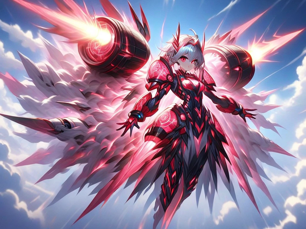 mecha style magical girl, White hair, red eyes, wearing a crimson coloured Magical girl style mecha armor, full body in picture turned towards viewer