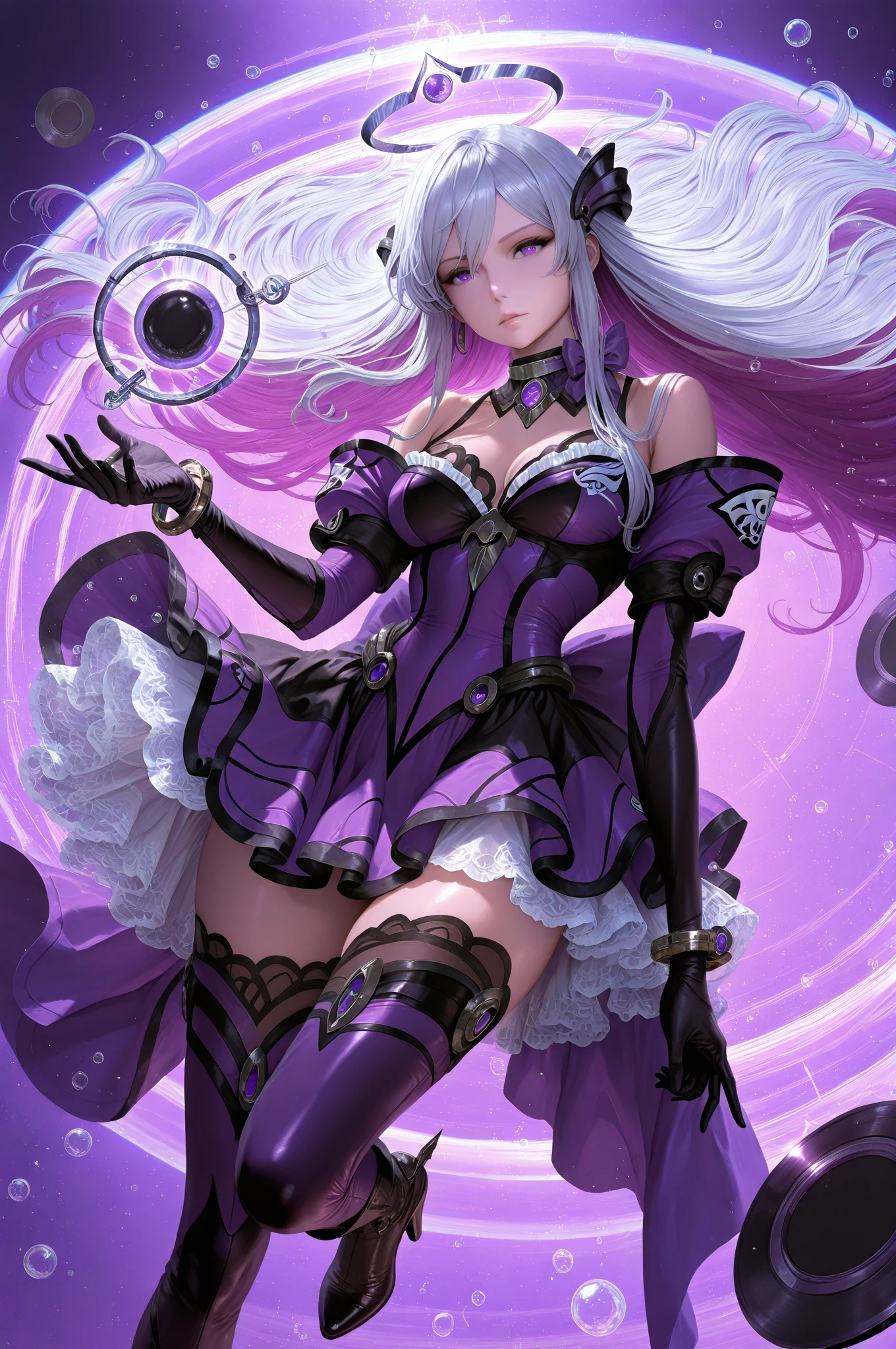 ((BLACK SWAN_HONKAI STARRAIL)),((realistic, photorealistic)),(highlight hair)), Light reflection, (( HD )),((upper body)), (((best quality, masterpiece))), (masterpiece) (best quality) (detail) (8k) (HDR) (wallpaper) (cinematic lighting) (sharp focuasterpiece, best quality: 1.1), Real life adaption of this character, Asian teen beauty face, Shining green eyes, realistic outfit, realistic shadow, realistic light, realism, hyper realistic,realistic hair, realistic background,(photorealistic:1.2), 1girl, glow purple,Cloth mat background, lying down, hair loose,Hooded,white hair,Reflection of window light,Luxurious candles,glow effect, foreground candle, Particles light,Black Gloves,floating hair,